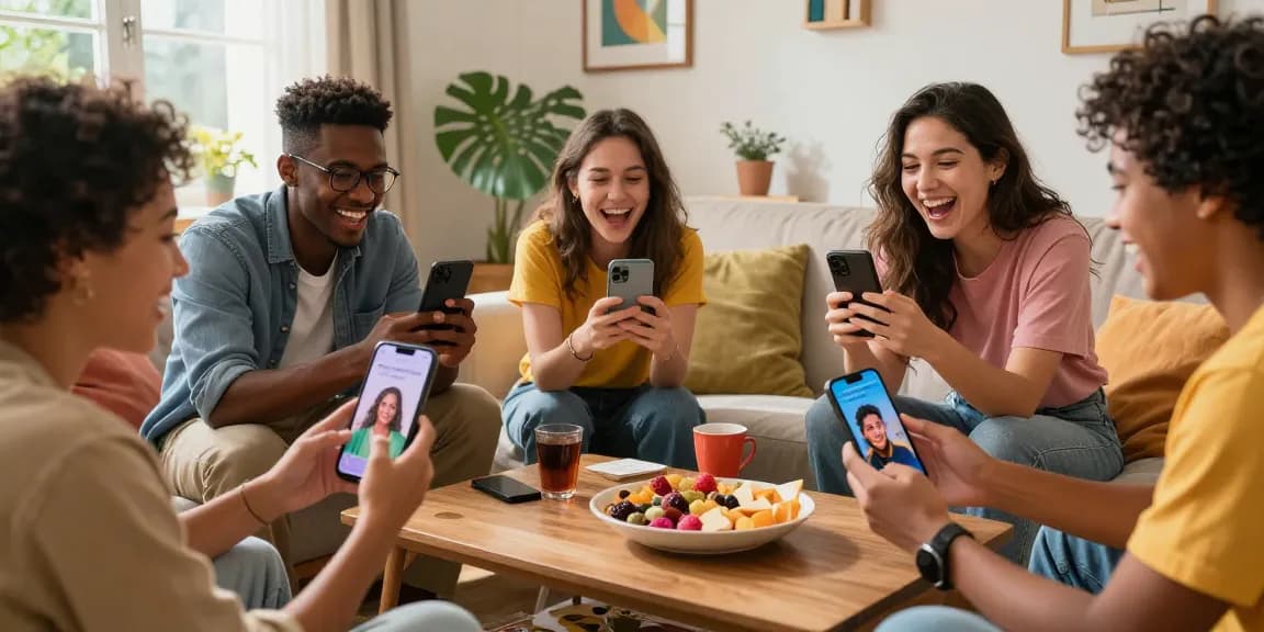 A lively social gathering using smash or pass ai to evaluate AI-generated images, with friends reacting and sharing laughs.