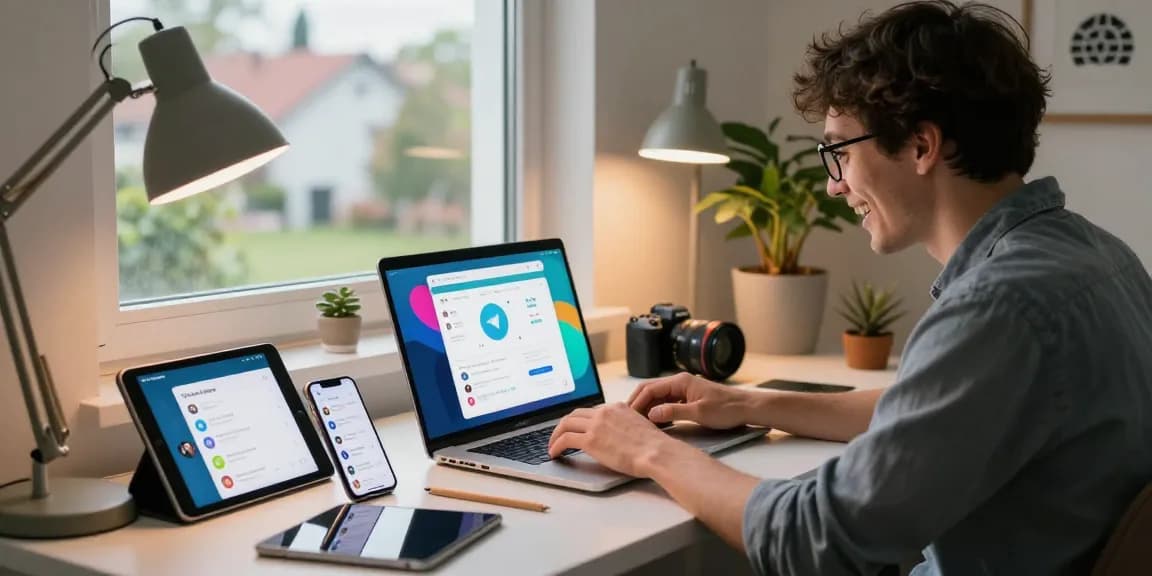 Engaged user utilizing Telegram Web Version in a cozy home office.