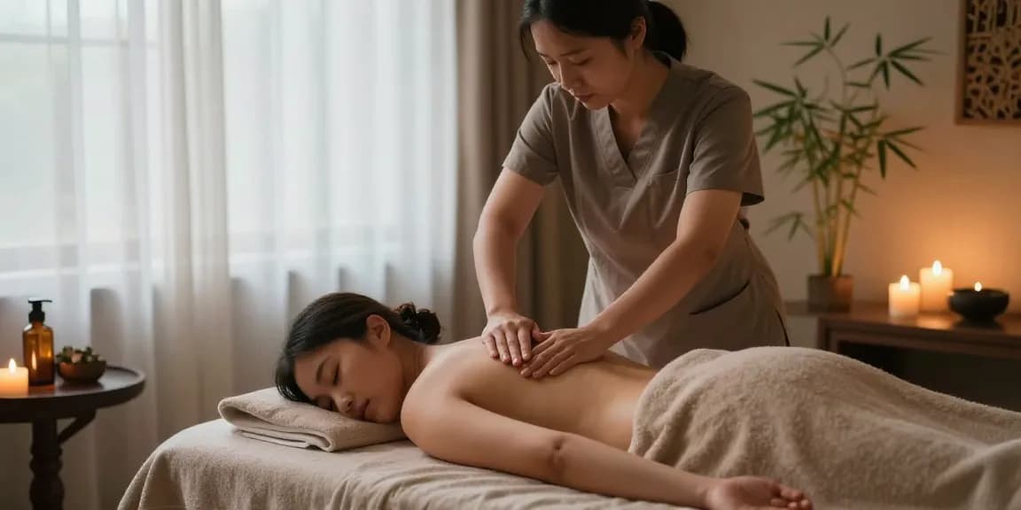 Relaxing 마사지 therapy scene showcasing a tranquil spa environment with a therapist and client.