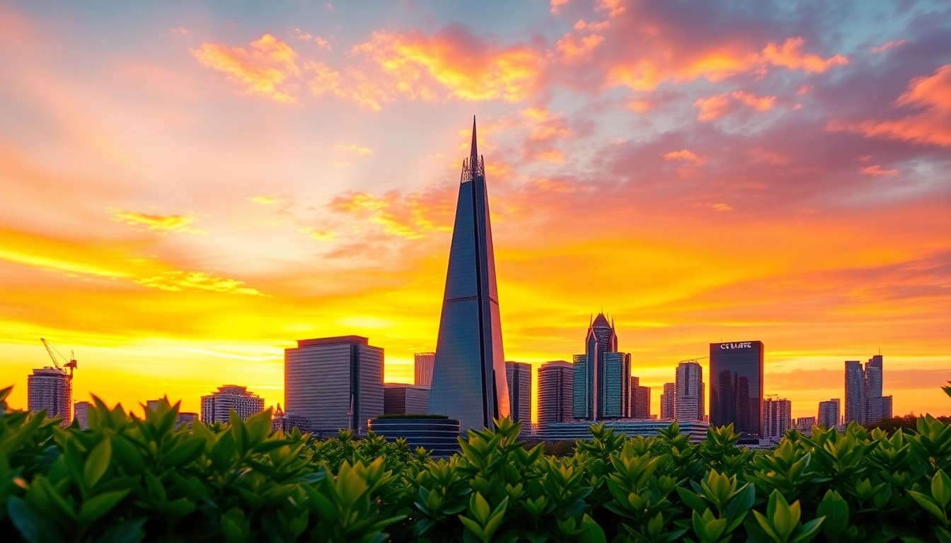csc hamburg zeigt moderne Architektur vor sunset skyline mit lebhaften Farben.