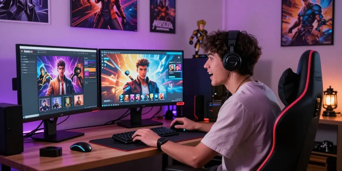Engaged player interacting with AI characters in the status app, showcasing lively avatar customization in a vibrant gaming setup.