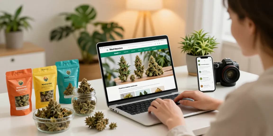 Engaged customer shopping for weed online UK at home, showcasing premium cannabis products.