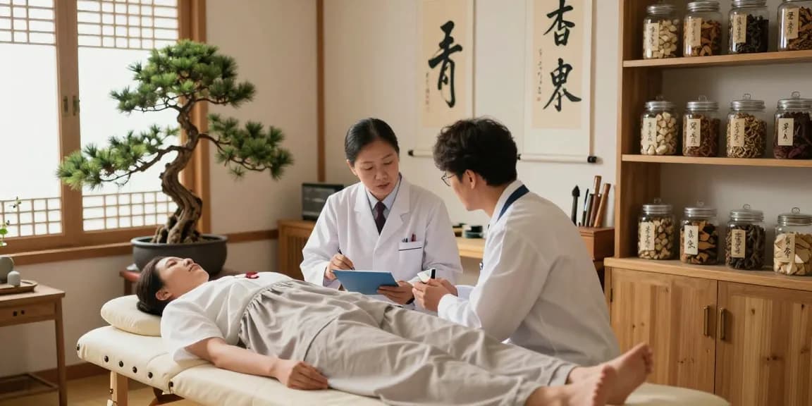 Healer guiding patient at 수원한의원, showcasing holistic health remedies and serene clinic ambiance.