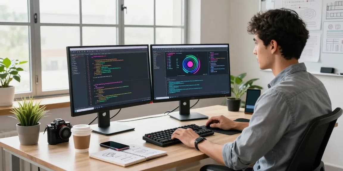 Developer showcasing telegram中文版下载 in a modern workspace with code on multiple monitors, coffee, and plants.