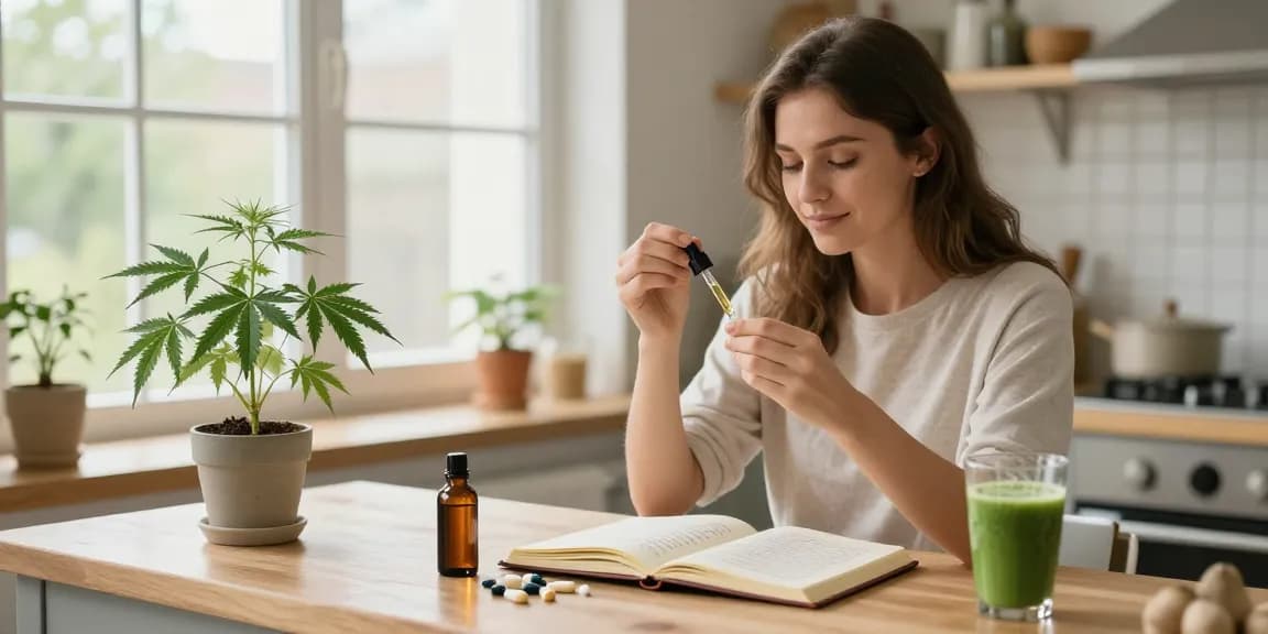 Creación de contenido de marketing sobre aceite CBD natural y orgánico en cocina luminosa y acogedora.