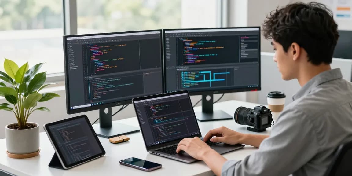 Professional workspace with a coder using 纸飞机中文版 on dual monitors, showcasing tech innovation.
