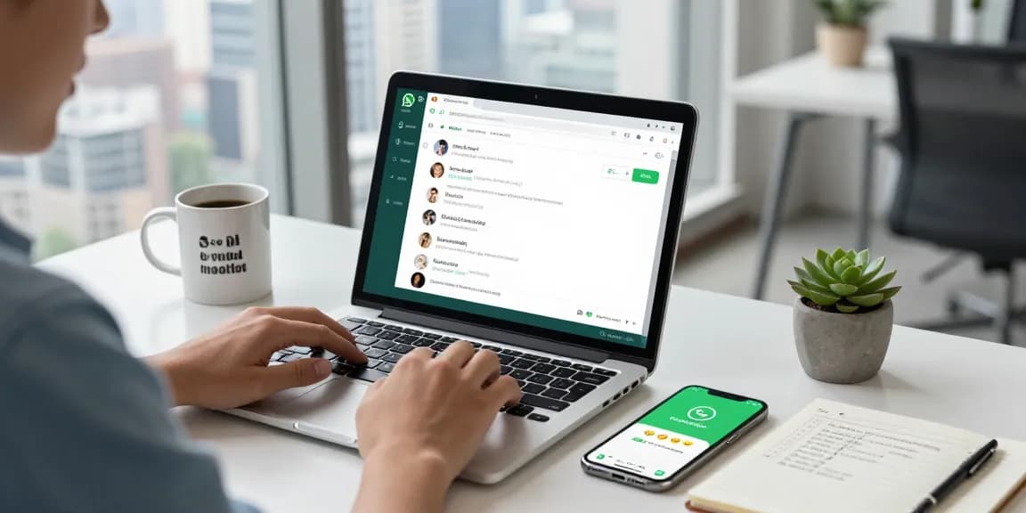 Engaging workspace scene with WhatsApp電腦版 in use on laptop, showcasing modern tech integration.
