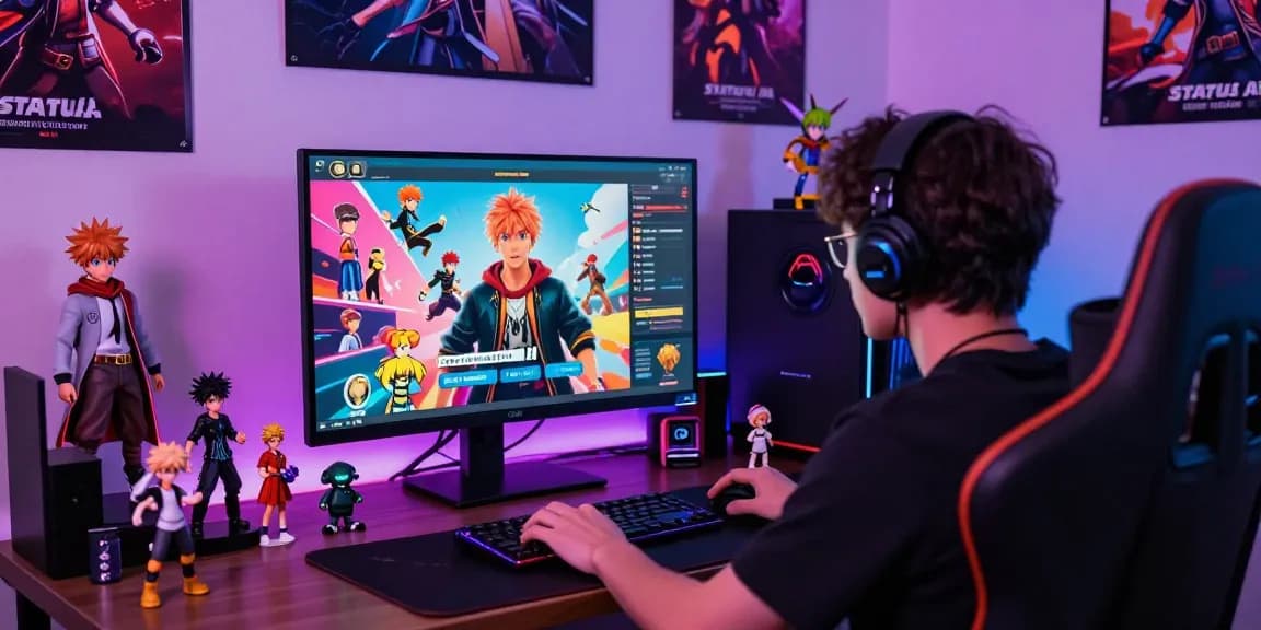 Engaged gamer playing the Status game, showcasing vibrant fandom characters and collectibles in a colorful gaming room.