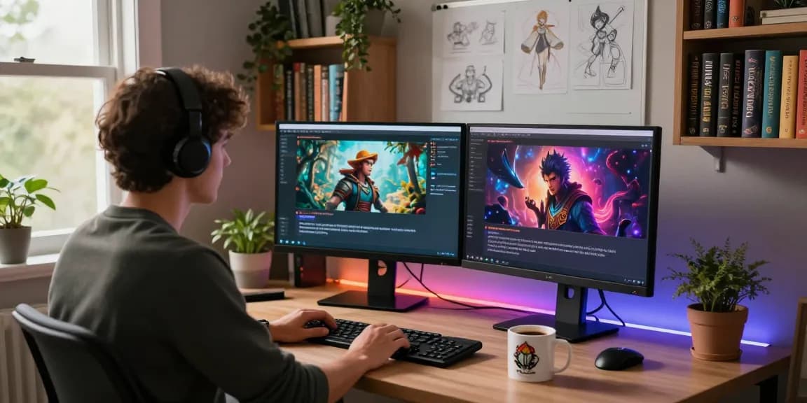 Immersive Tavern AI chat experience with AI character dialogues on dual monitors in a modern workspace
