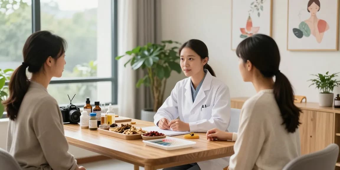 Consultation scene at 영통한의원 highlighting herbal medicine and acupuncture services for holistic healing.