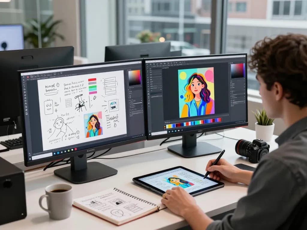 Developer using nano banana pro for AI image editing in a modern workspace.