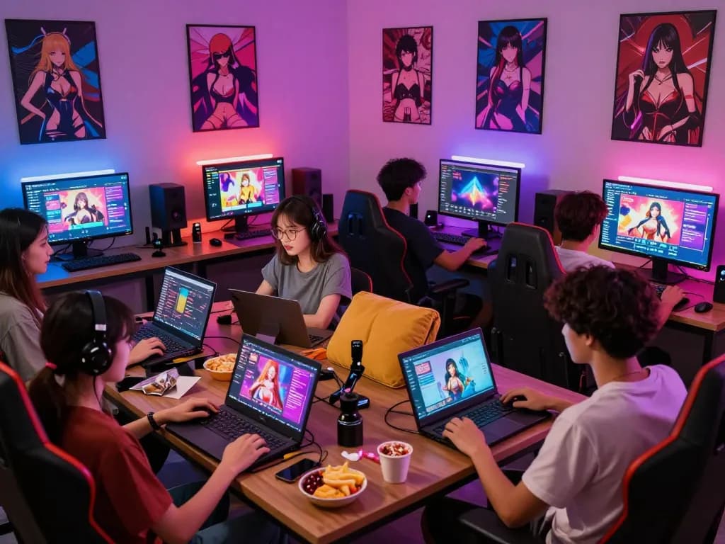 Enjoying sex games online in a lively gaming lounge with friends on multiple devices.