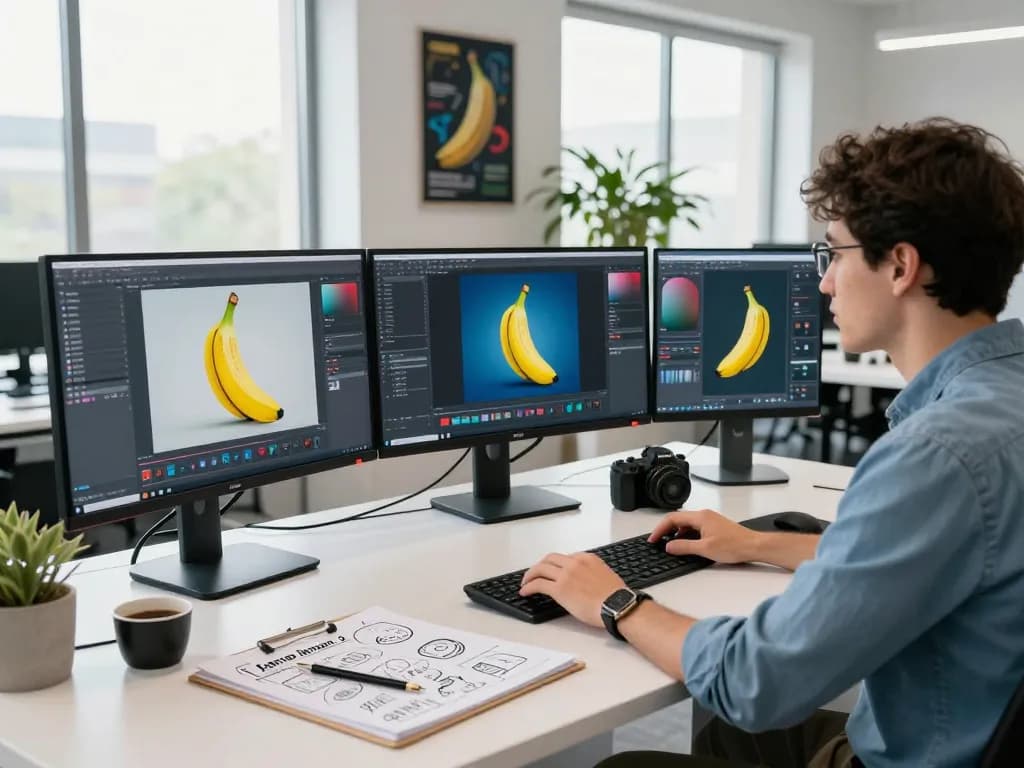 A developer using the nano banana 2 AI image editing tool in a bright tech workspace filled with vibrant graphics and design materials.