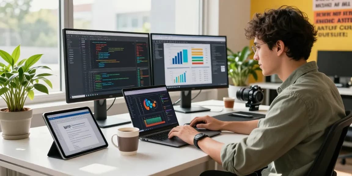 Professional workspace depicting WPS Official Website editing a document on multiple screens