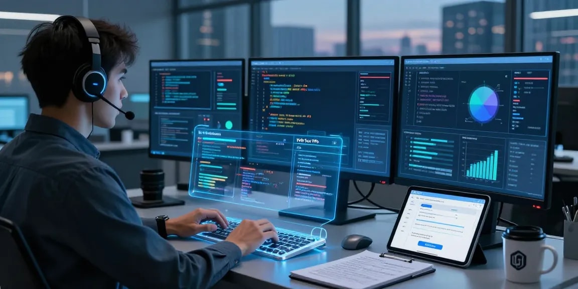 Analyze invoice fraud using advanced AI technology in a high-tech workspace setting.