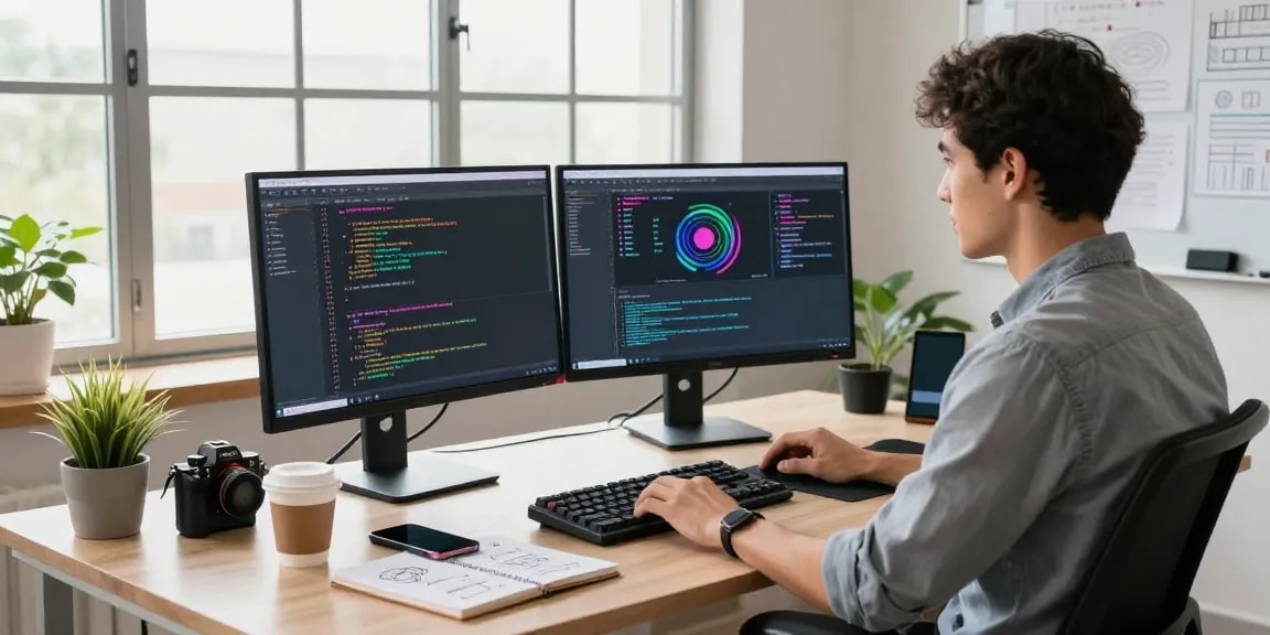Developer showcasing telegram中文版下载 in a modern workspace with code on multiple monitors, coffee, and plants.