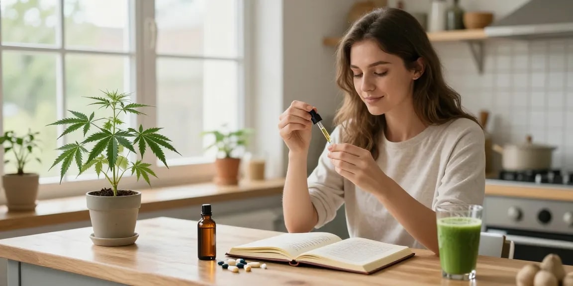 Creación de contenido de marketing sobre aceite CBD natural y orgánico en cocina luminosa y acogedora.