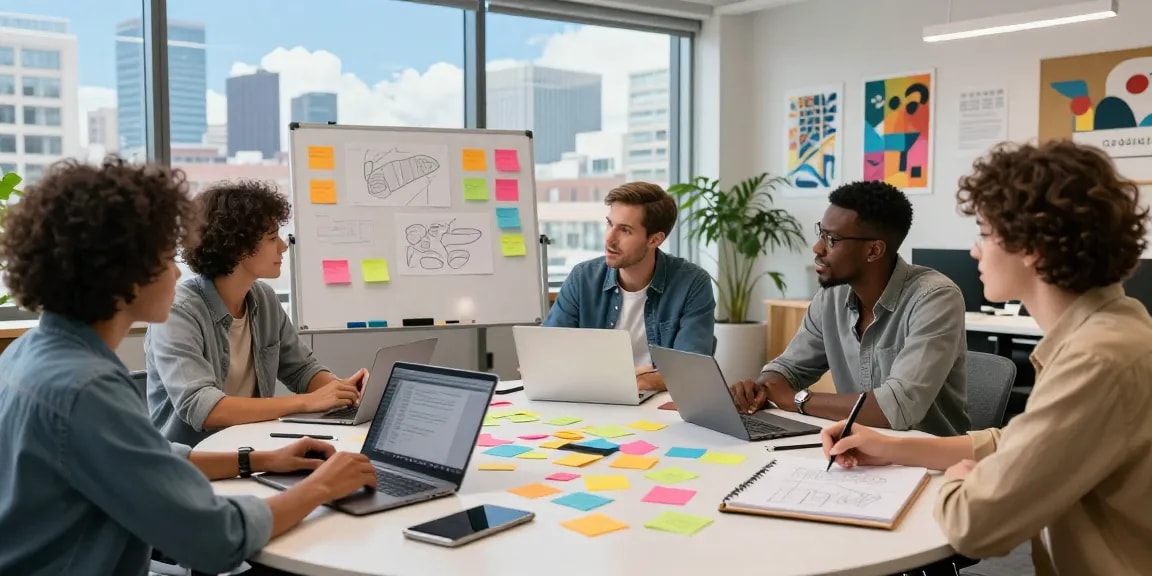 Team collaborating on a mixboard in a modern office setting.