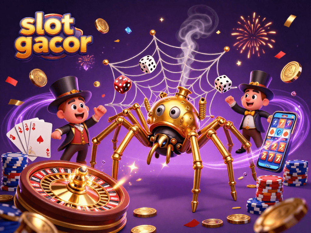 Engage with slot gacor strategies as a whimsical spider casts golden webs in a vibrant casino.