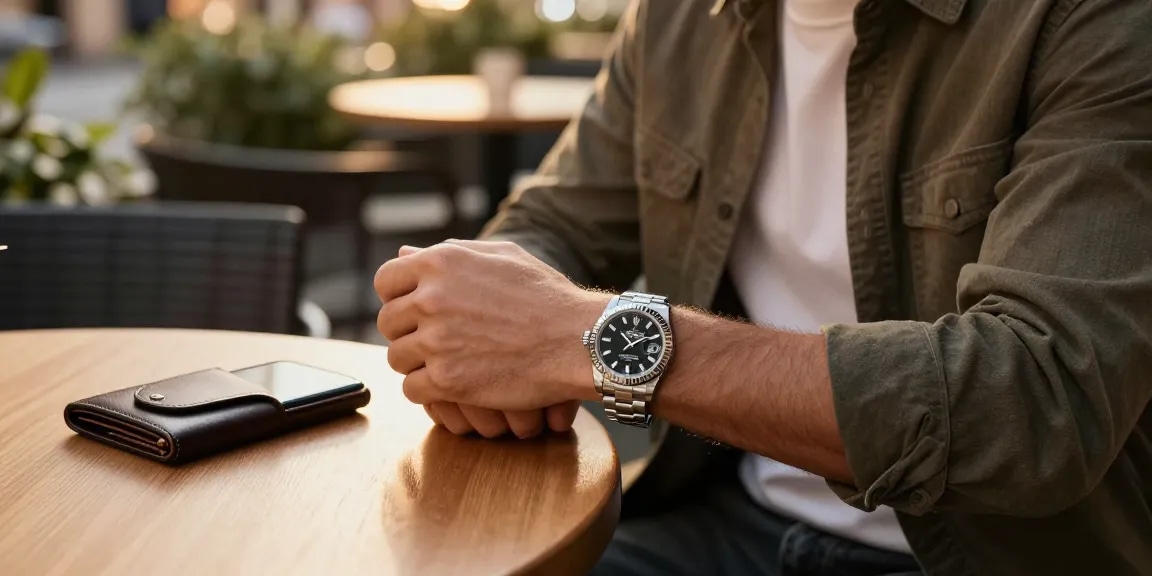 Elegant individual showcasing a rolex replica watch in an urban café setting.