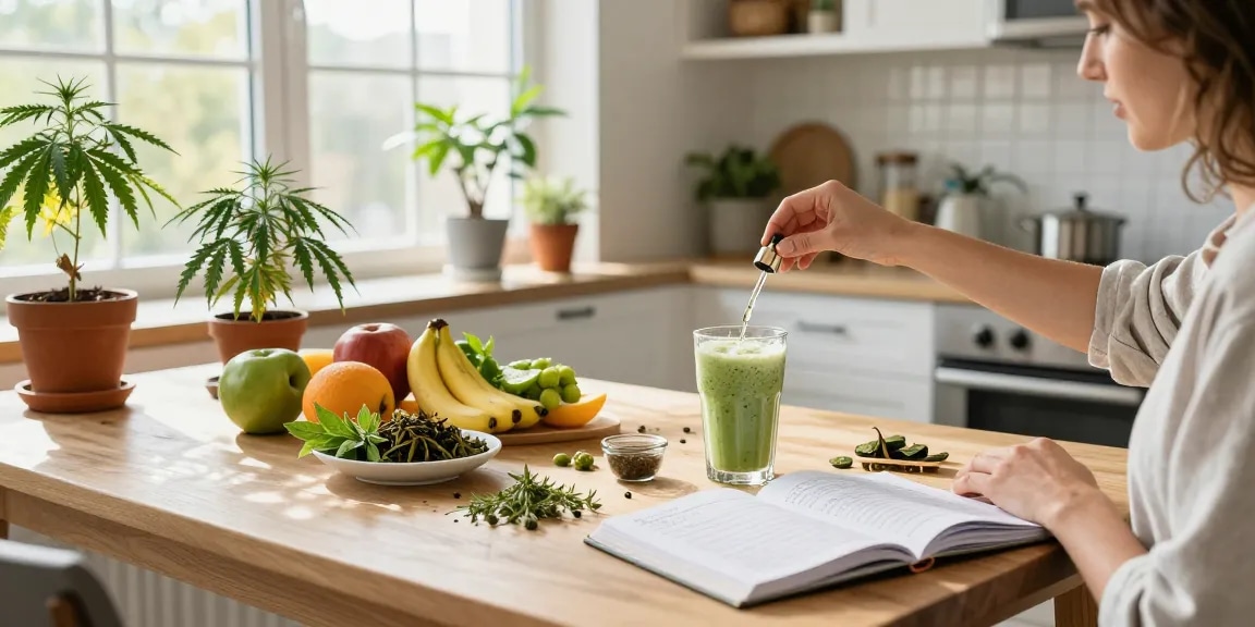 thc edibles being integrated into a healthy morning routine with CBD tincture in a bright, modern kitchen