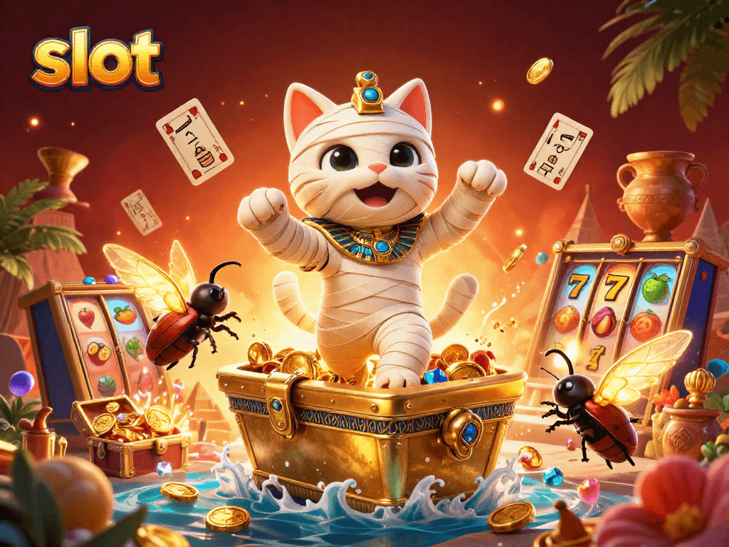 Spin the slot reels as the Egyptian mummy cat bursts from a sarcophagus in a vibrant casino.
