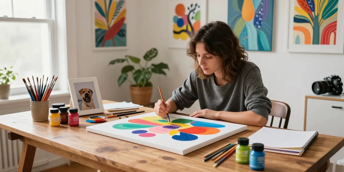 Engaged artist painting by number on canvas with vibrant acrylics in a well-lit home studio.