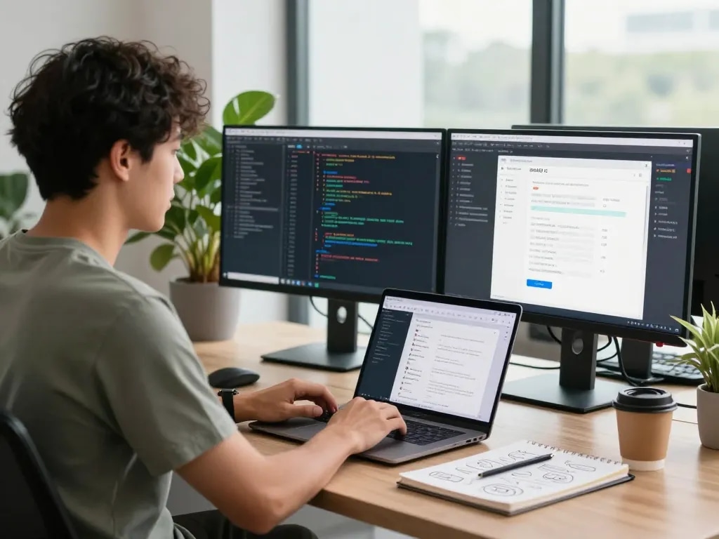 Developer working with OpenClaw on dual monitors in a bright modern office