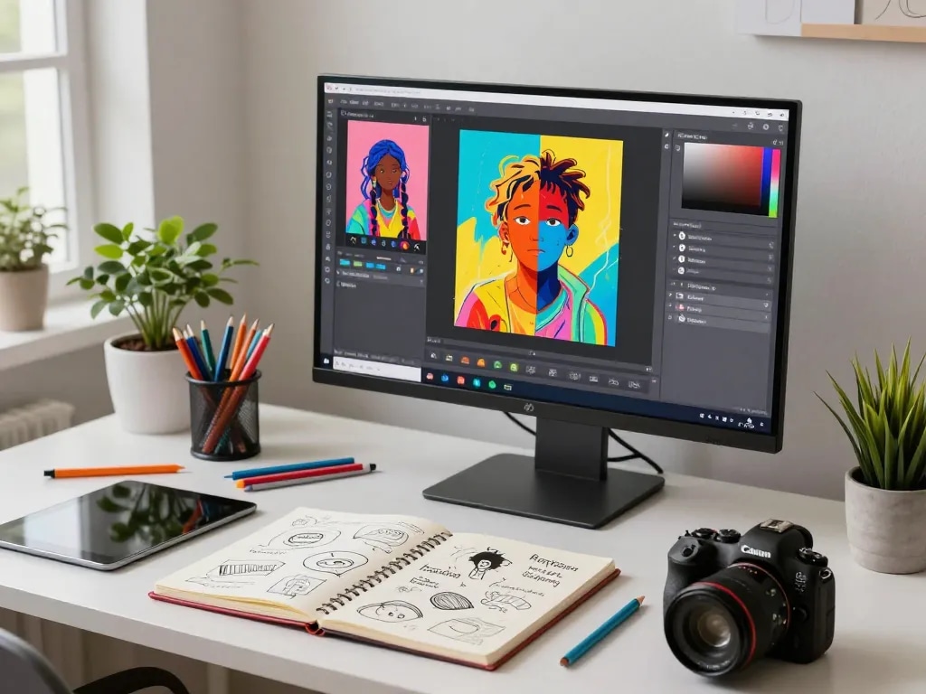 Artist using Nano Banana AI image editor on a vibrant digital workspace, showcasing creativity and innovation.