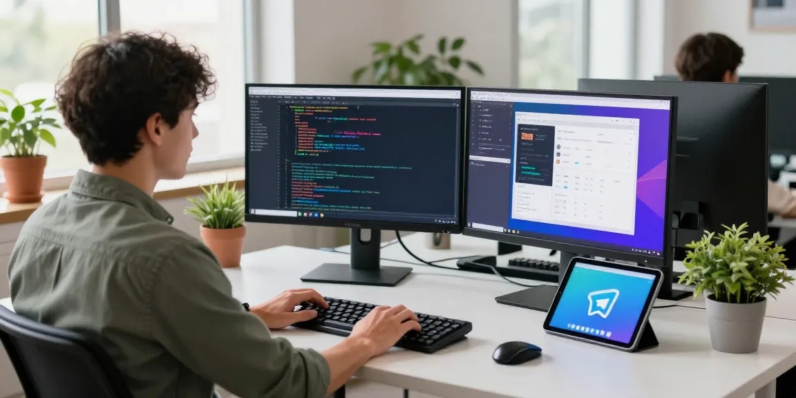 Developer working on 纸飞机中文版 application in a modern workspace with dual monitors and natural light.