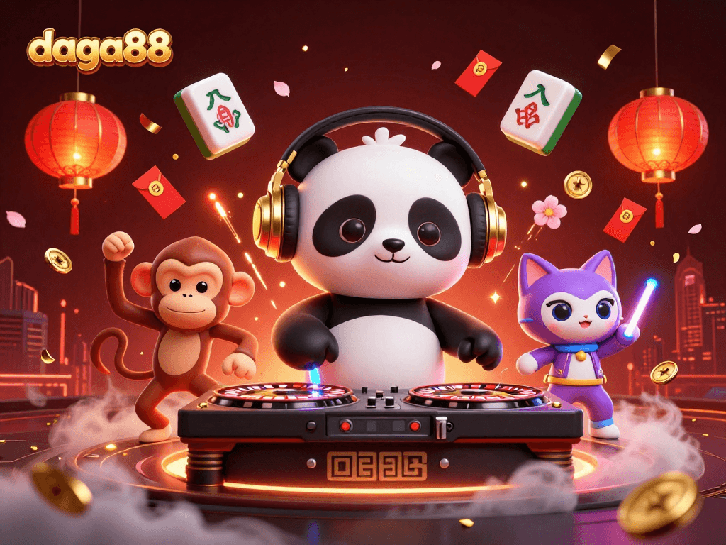 Experience daga88 with exciting characters dancing and spinning reels in a vibrant casino illustration.