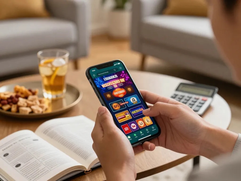 Experience the excitement of rr88 while gambling on a smartphone in a cozy home setting