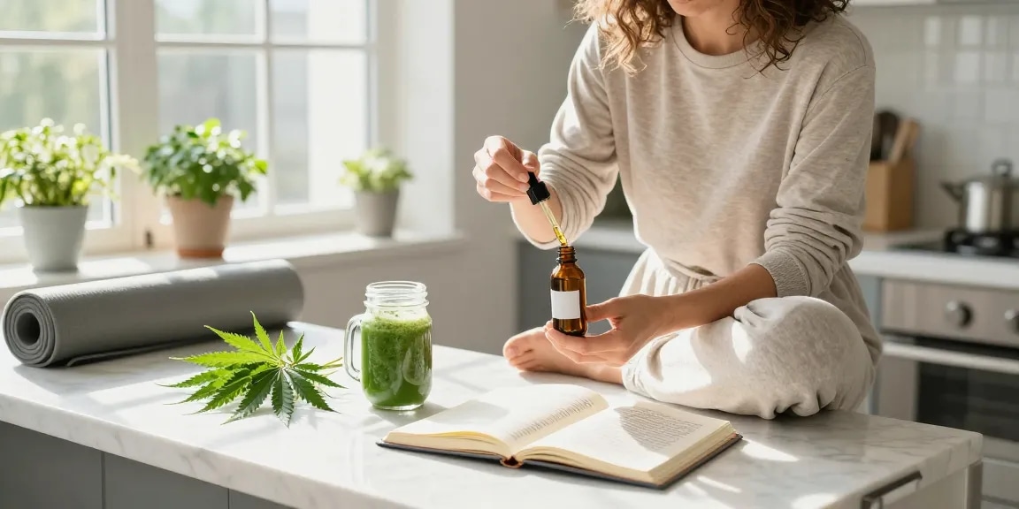 Properloud CBD oil tincture integrated into a natural wellness routine featuring fresh hemp leaves and green smoothie.