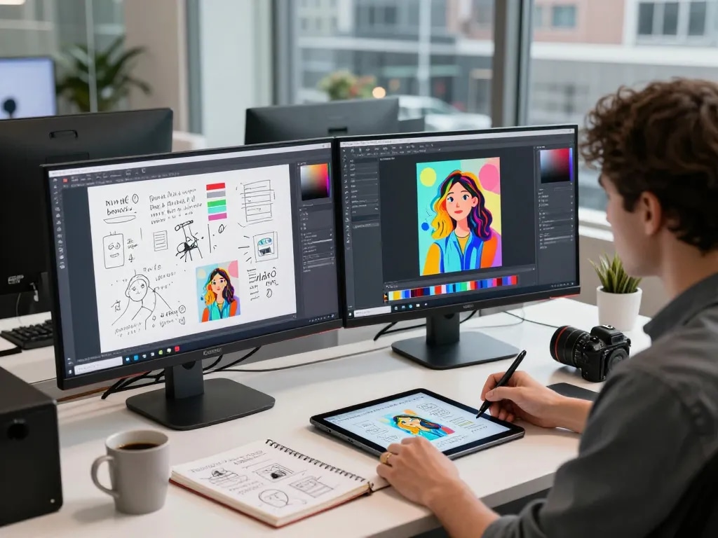 Developer using nano banana pro for AI image editing in a modern workspace.