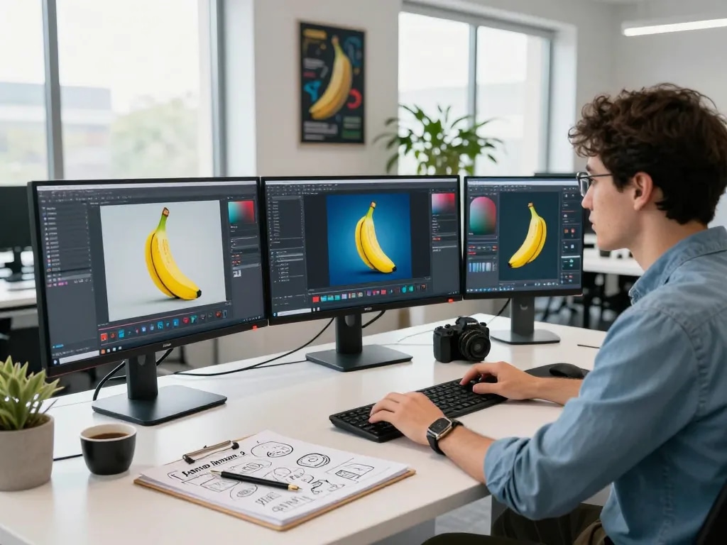 A developer using the nano banana 2 AI image editing tool in a bright tech workspace filled with vibrant graphics and design materials.