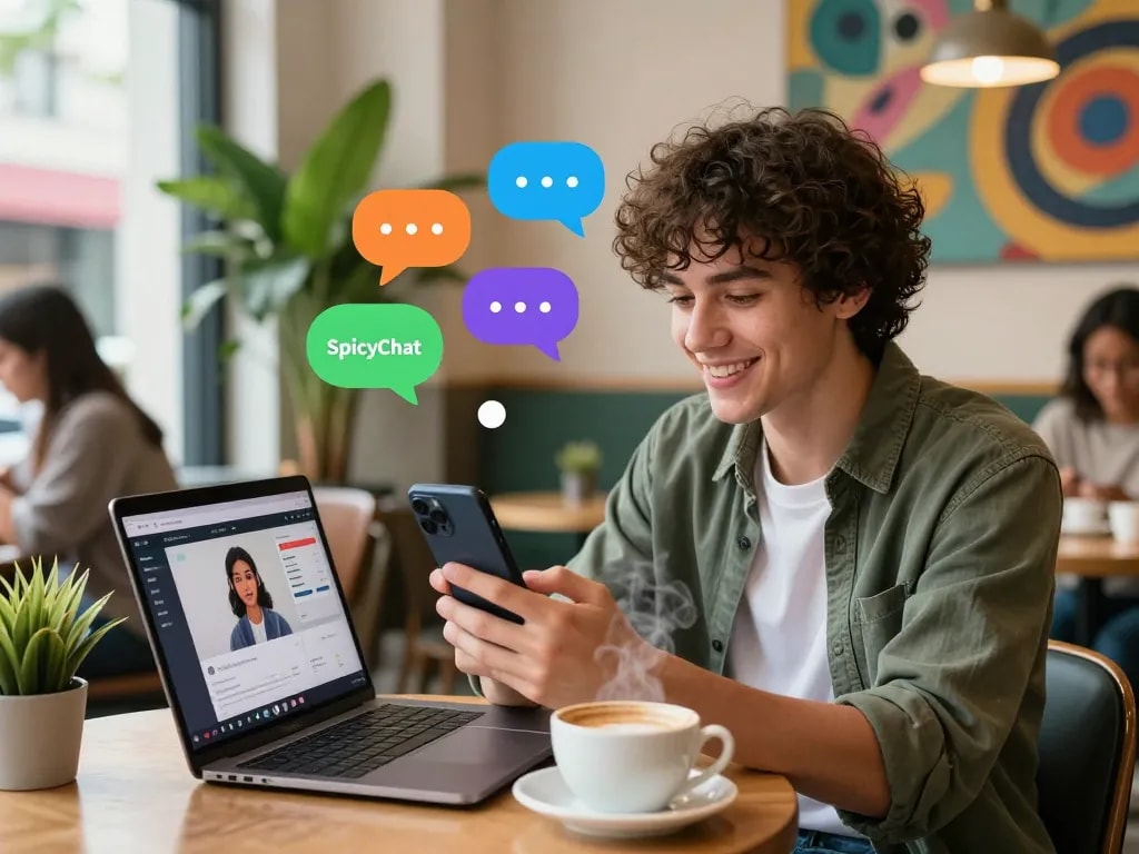 Engaging SpicyChat conversation in a vibrant cafe setting with digital avatar