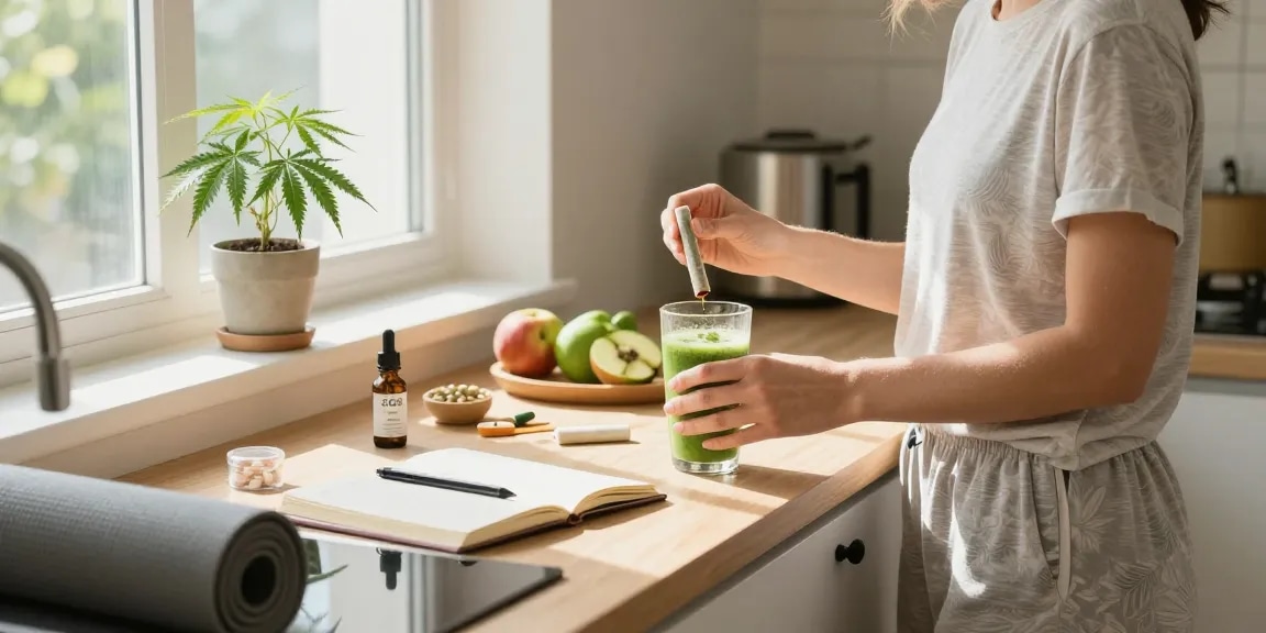 Pre rolls UK amidst a wellness setup featuring CBD oil, hemp plants, and a vibrant smoothie for natural health.