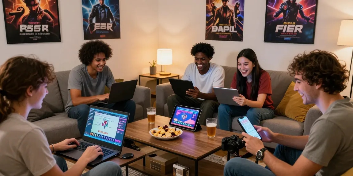 Players enjoying free porn games on laptops and phones in a cozy setting.