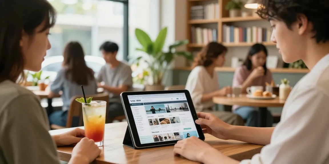 Engaging community scene in a café, browsing local directory at https://forumup.org/shop/search.php?ca_id=&addr1=&addr2=&addr3=&schKeyword= with drinks and plants.