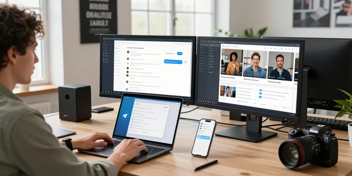 Showcase of telegram中文版下载 on a modern tech workspace with collaborative tools and devices.
