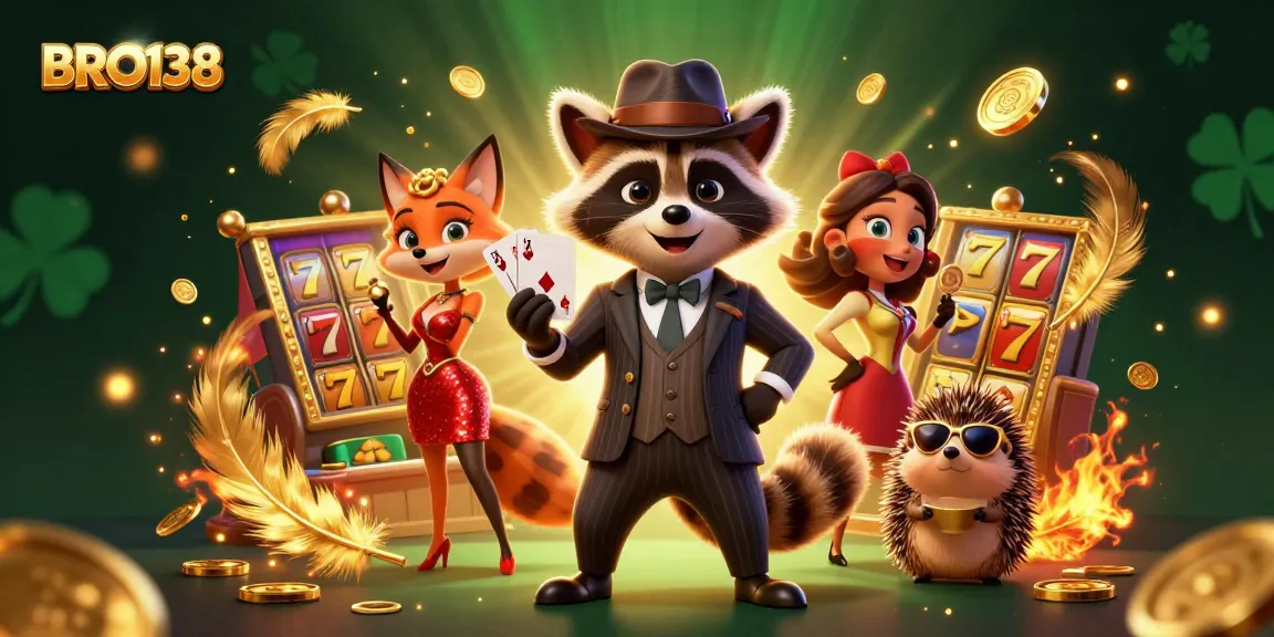BRO138 features a suave raccoon and a fox lady at a vibrant slot game scene filled with coins and betting tokens.