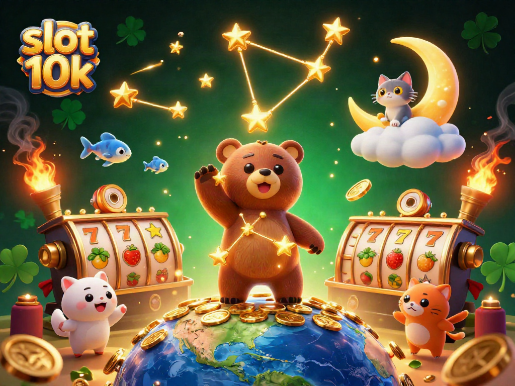 Win big with slot 10k in this vibrant casino scene filled with lucky symbols and characters.