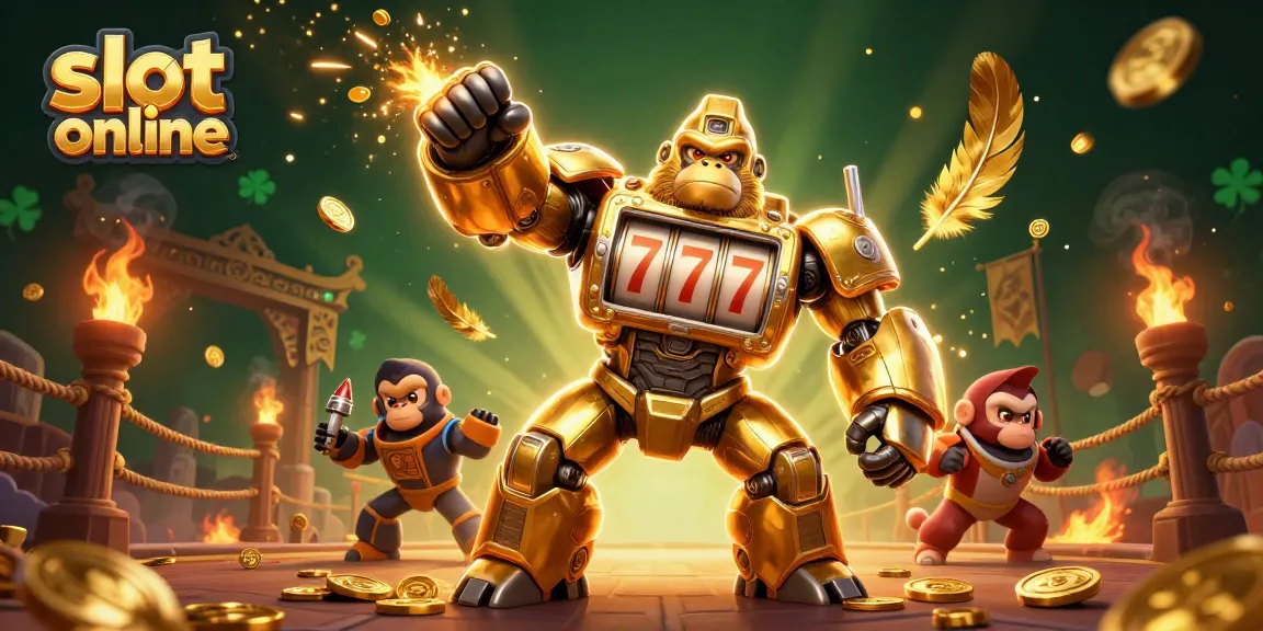 Engage with thrilling slot online adventures featuring vibrant golden gorilla mech and jackpots in action.