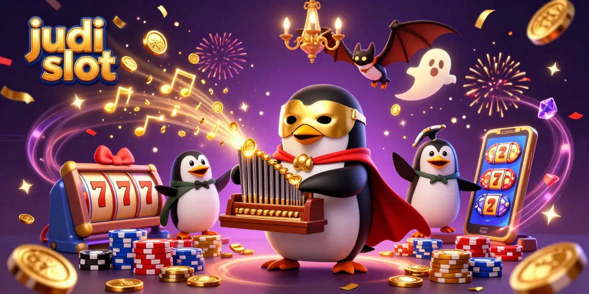 Experience judi slot excitement with a 3D penguin playing golden organ, cascading coins, and vibrant casino elements.