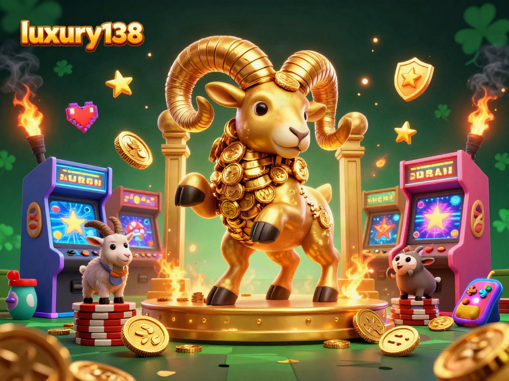 Pengalaman bermain di luxury138 dengan karakter domba emas dan mesin arcade penuh warna.