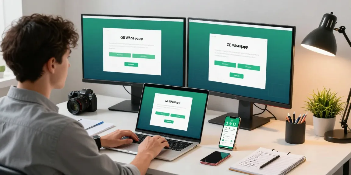 Downloading GB WhatsApp APK with modern tech setup on a sleek desk.