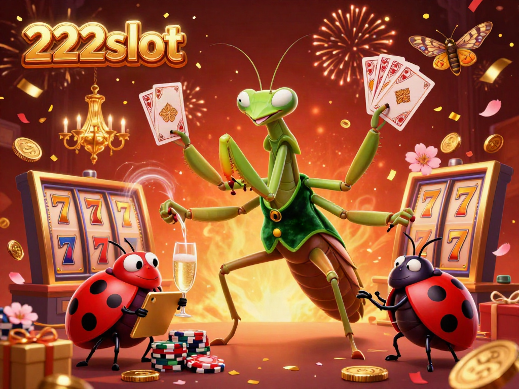Gambaran 222slot yang menarik dengan karakter unik, simbol keberuntungan, dan suasana meriah.