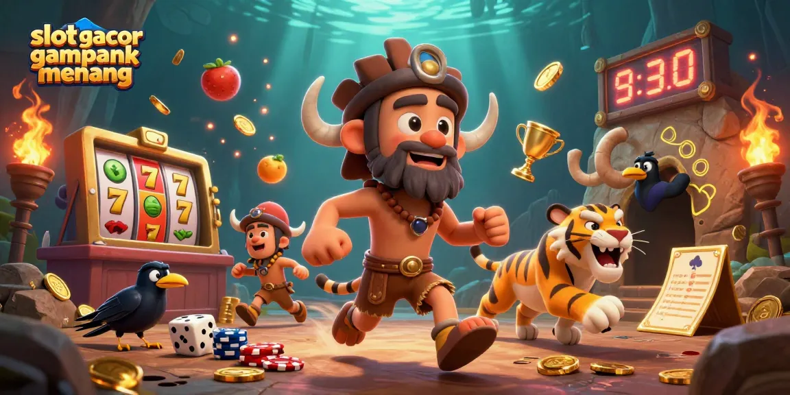 Mengakses slot gacor gampang menang di kasino kuno dengan avatar gua dan simbol jackpot yang mencolok.
