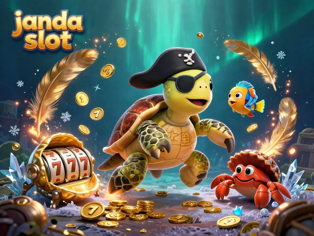 Ilustrasi 3D kartun janda slot menunjukkan kura-kura bajak laut, kepiting, dan ikan parrot di antara tumpukan koin emas.