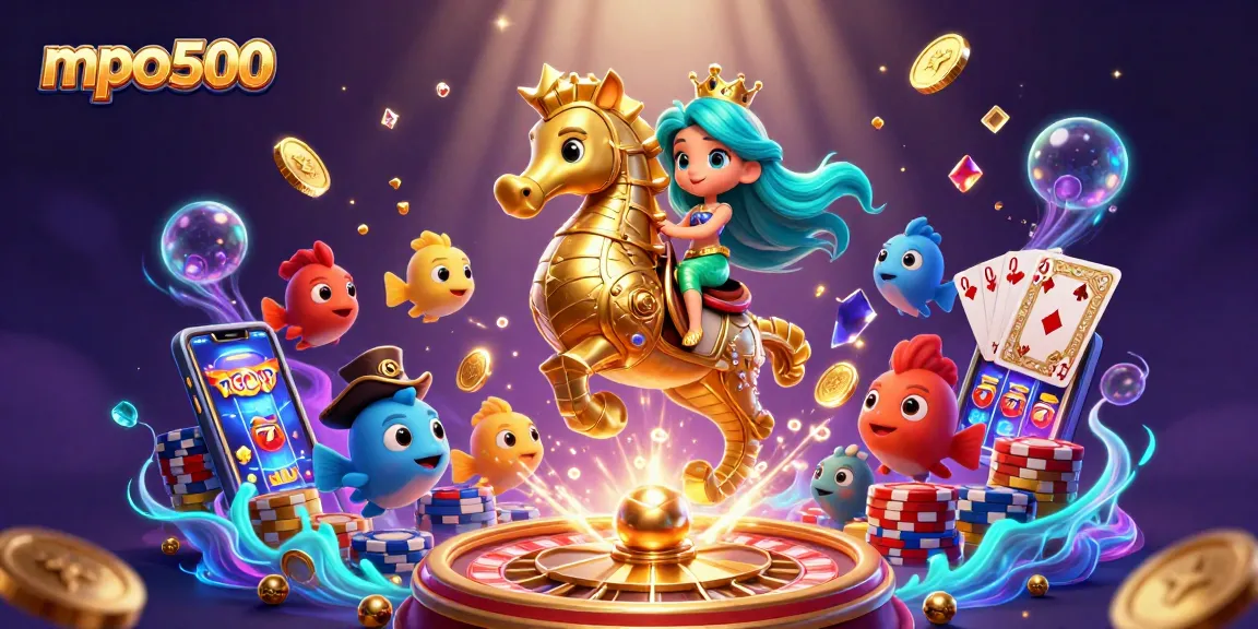 Experience winning at mpo500 with a vibrant underwater casino scene featuring a mermaid and colorful friends.